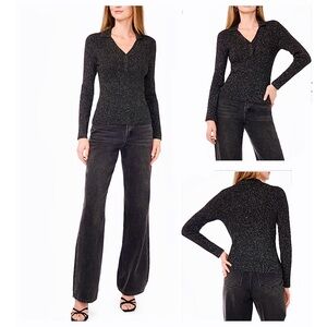 1.STATE Ribbed Silver Thread Polo Sweater